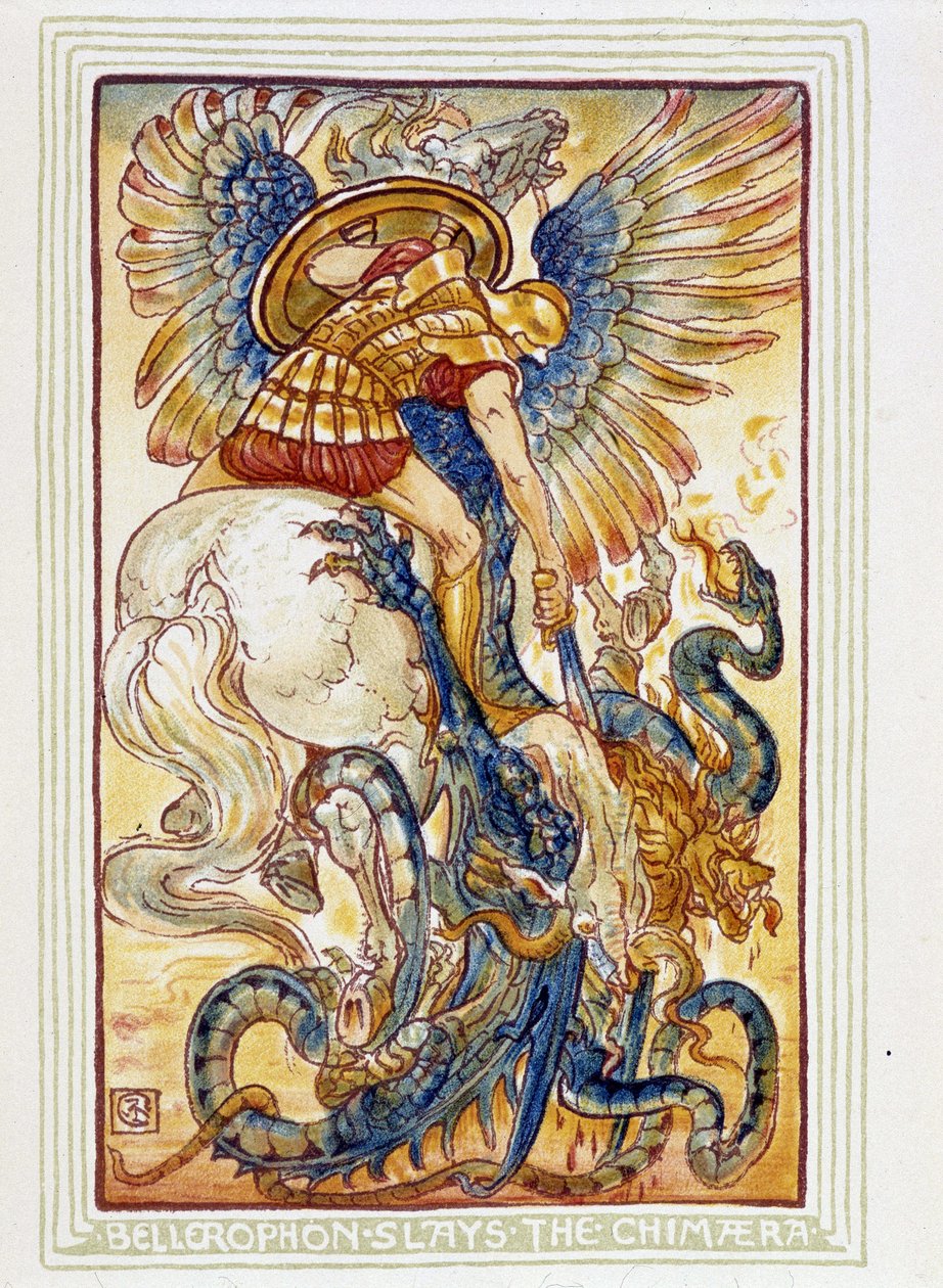 Bellerophon combat les chimeres - i "" En vidunderbok for jenter og gutter"", ill. av Walter Crane av Walter Crane