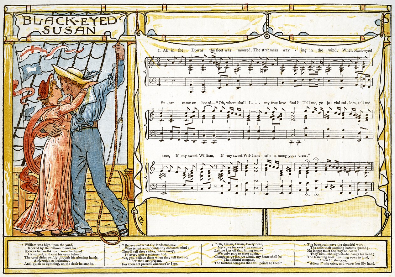 'Black-Eyed Susan', sangillustrasjon fra 'Pan-Pipes', A Book of Old Songs, Nyarrangert og med akkompagnement av Theo. Marzials, utgitt i London av George Routledge und Sons, 1884 (farge lith av Walter Crane