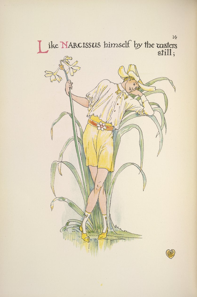 Ved vannet er det stille. En ung mann som står ved vannkanten av Walter Crane