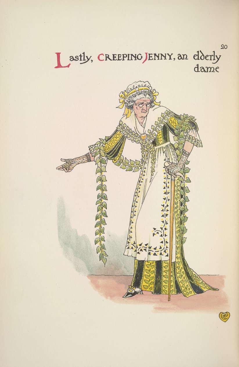Krypende Jenny. En eldre dame som bruker en spaserstokk av Walter Crane