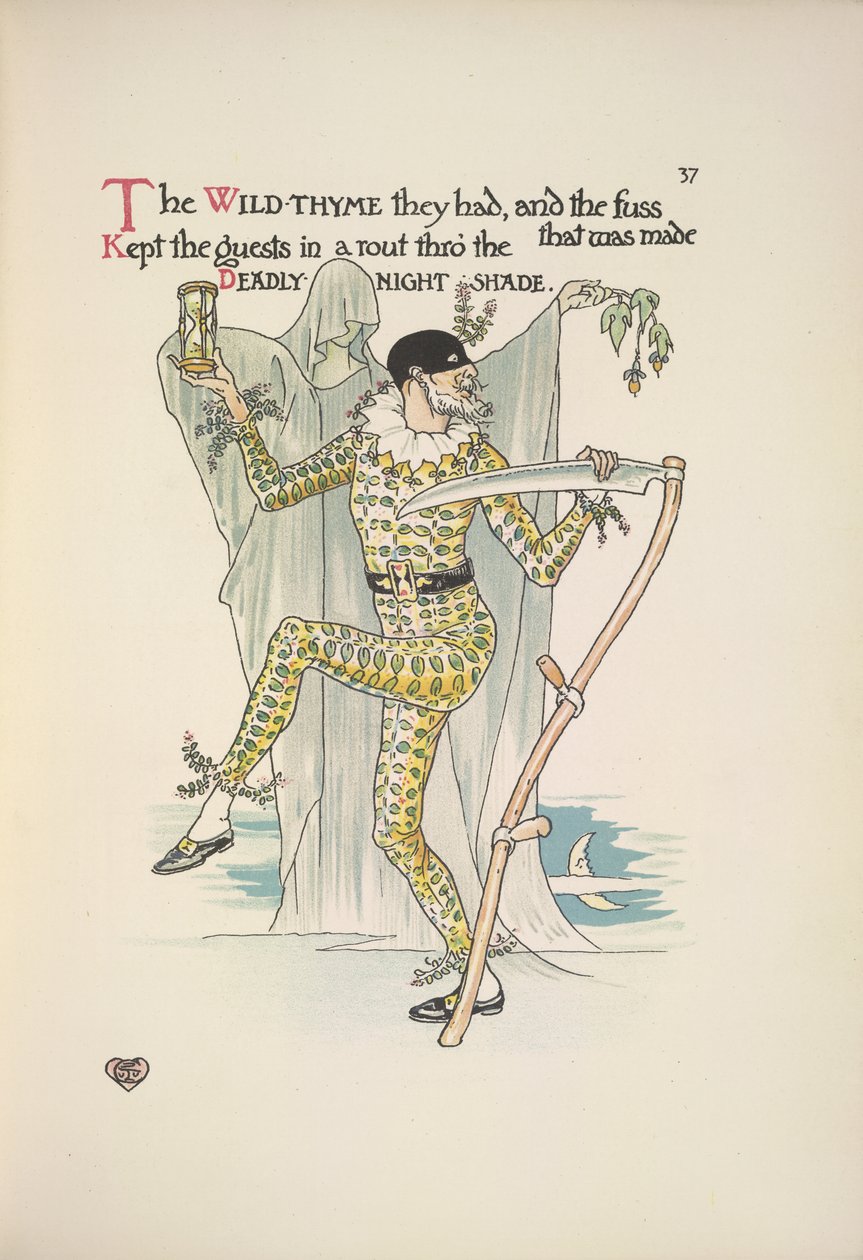 Dødelig nattskygge. En mann som har på seg en maske, et gult kostyme og holder en eggeklokke og en ljå av Walter Crane