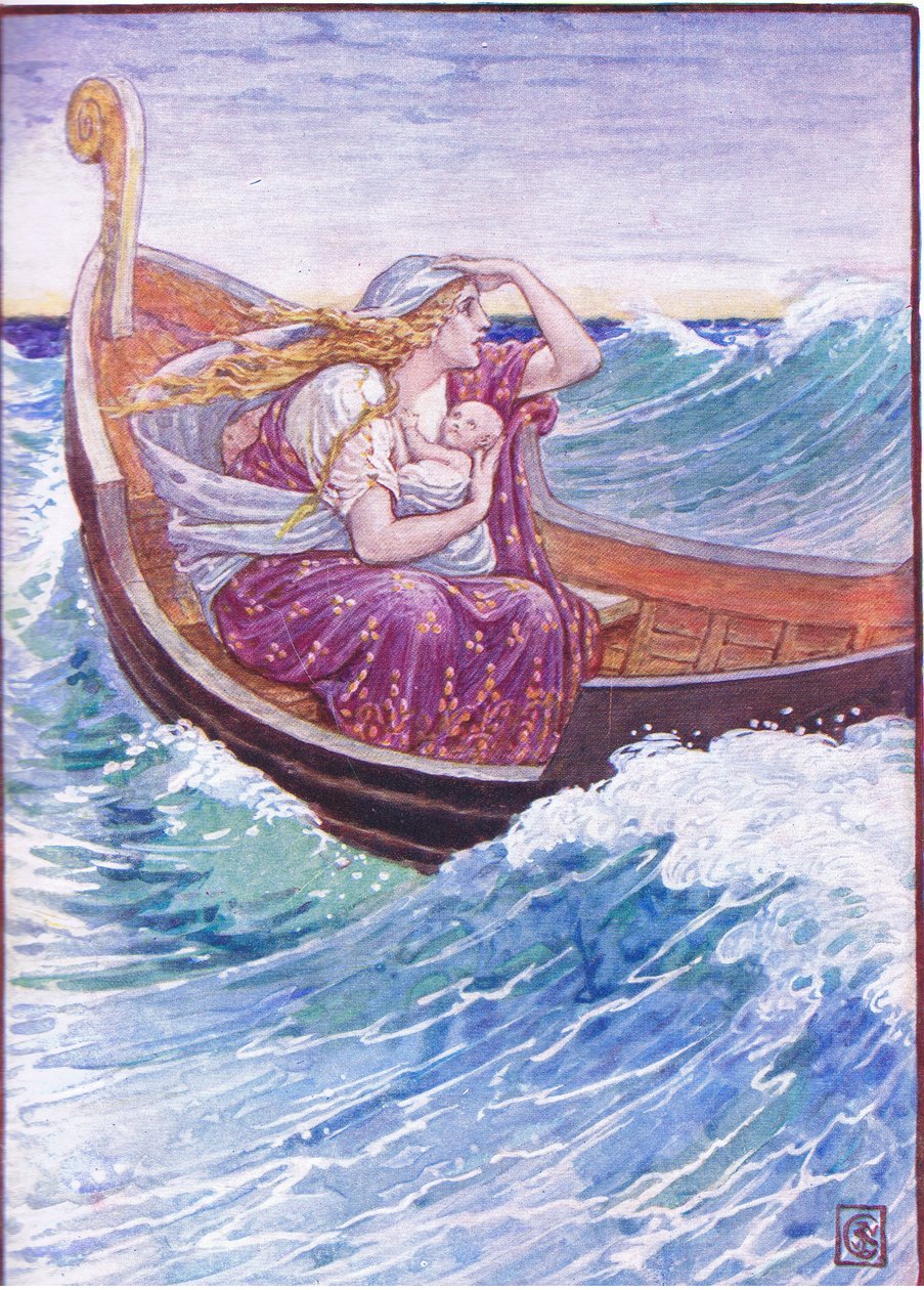 I to dager og to netter ble båten kastet hit og dit, illustrasjon fra The Story of Greece, 1930-tallet av Walter Crane