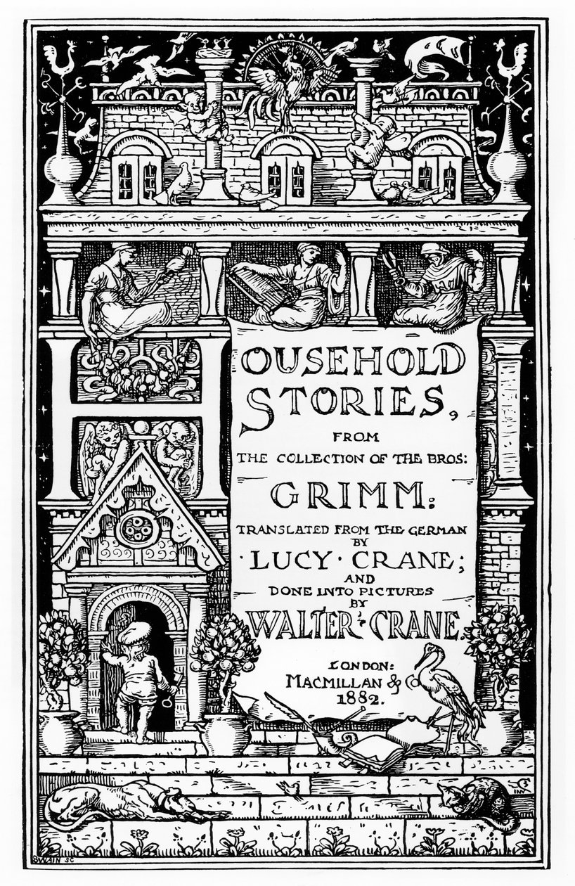 Forside av 'Household Stories', av brødrene Grimm, utgitt av Macmillan und Co., 1882 av Walter Crane