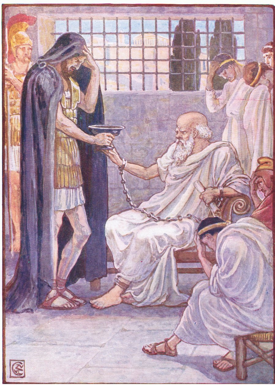 Han drakk innholdet som om det var et utkast til vin, illustrasjon fra The Story of Greece, 1930-tallet av Walter Crane