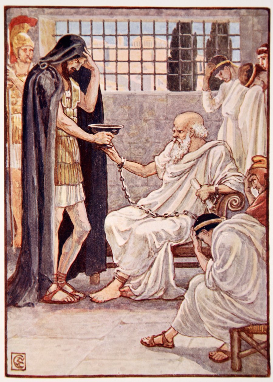 Han drakk innholdet som om det var et utkast til vin, illustrasjon fra The Story of Greece av Mary Macgregor, 1. utgave, 1913 (fargetrykk) av Walter Crane