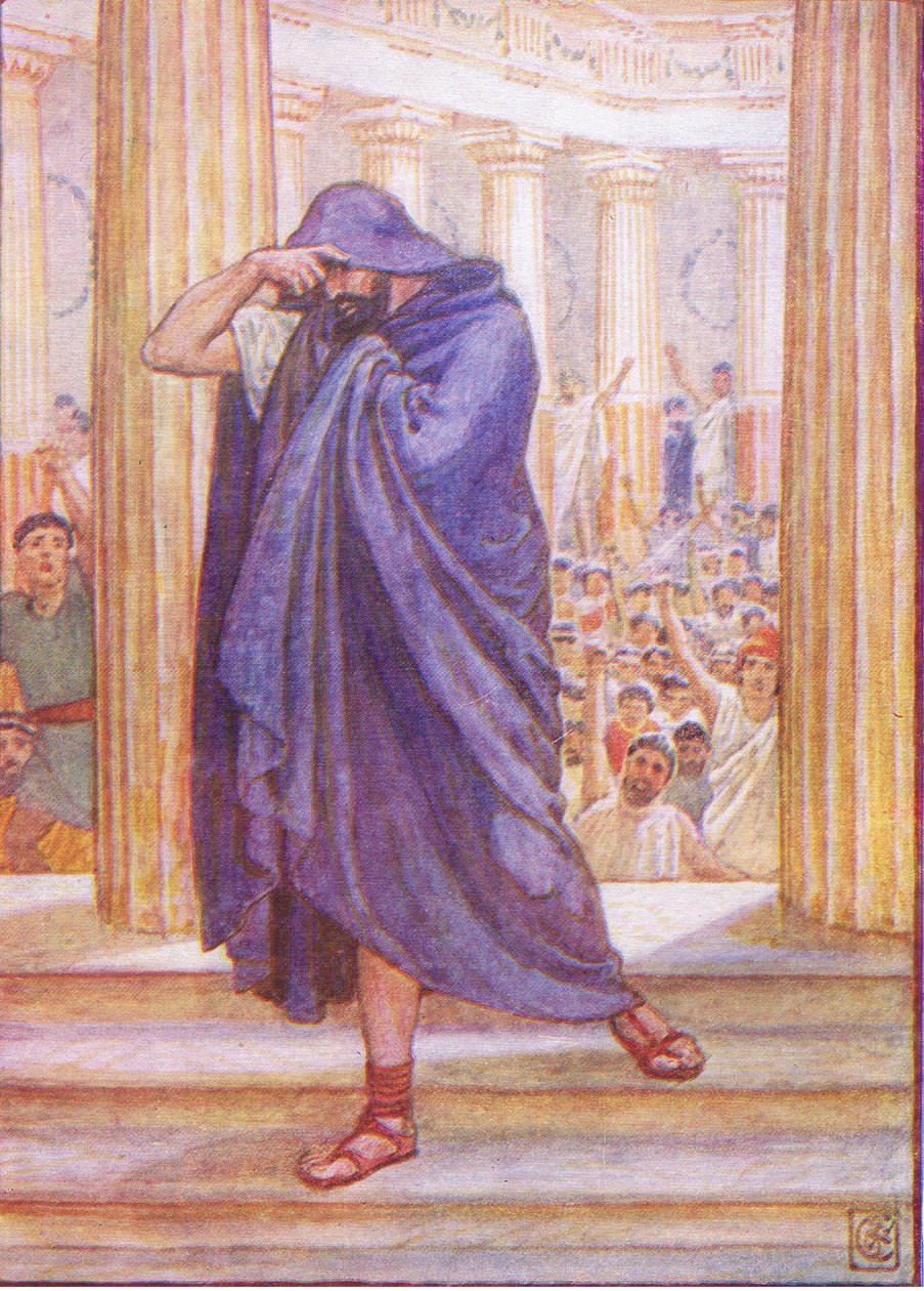 Han forlot forsamlingen og gjemte ansiktet i kappen sin, illustrasjon fra The Story of Greece, 1930-tallet av Walter Crane