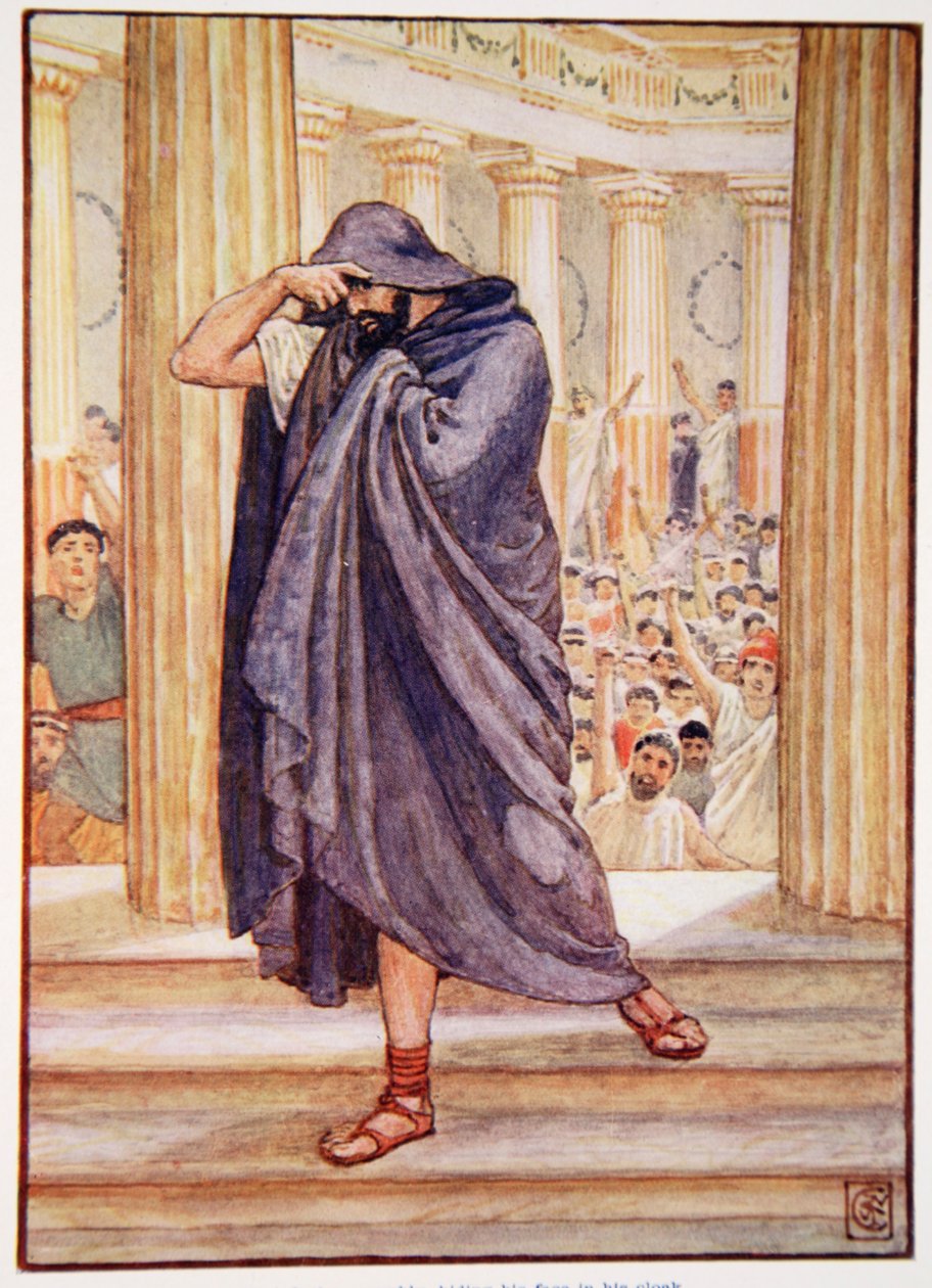 Han forlot forsamlingen og gjemte ansiktet i kappen sin, illustrasjon fra The Story of Greece av Mary Macgregor, 1. utgave, 1913 (fargetrykk) av Walter Crane