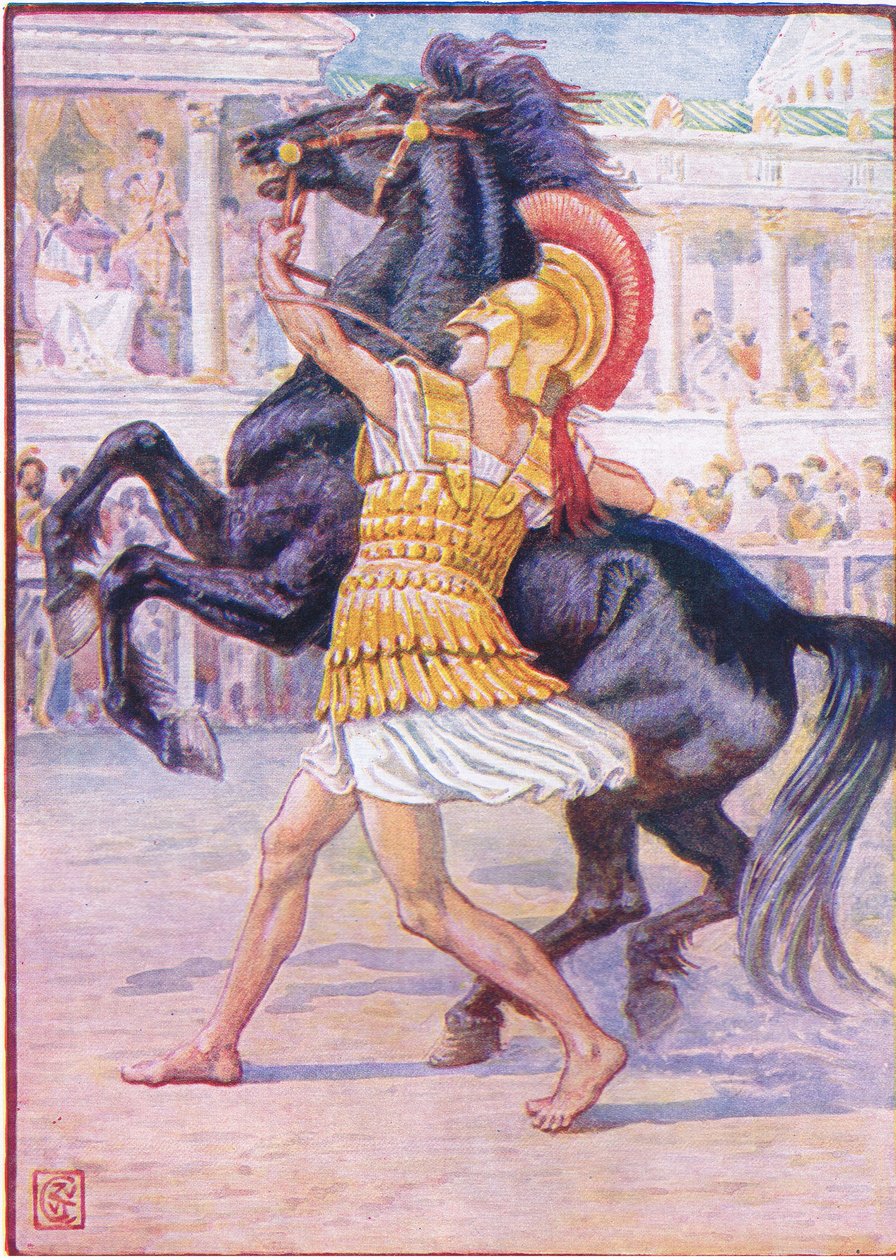 Han løp mot hesten og grep hodelaget, illustrasjon fra The Story of Greece, 1930-tallet av Walter Crane