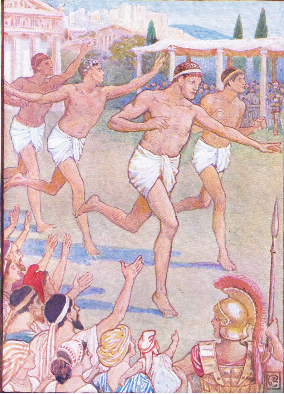 I de tidligste tider var et enkelt fotløp den eneste hendelsen, illustrasjon fra The Story of Greece, 1930-tallet av Walter Crane