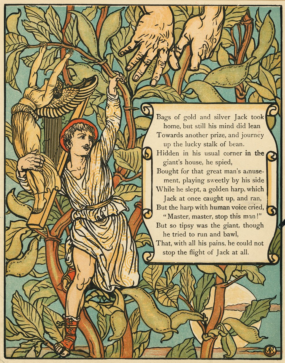 Jack som kommer ned fra Beanstalk fra Jack and the Beanstalk pub. 1875 (farge litho) av Walter Crane