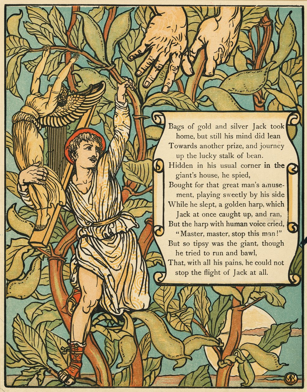Jack som kommer ned fra Beanstalk fra Jack and the Beanstalk pub. 1875 fargelitografi, 1875. av Walter Crane