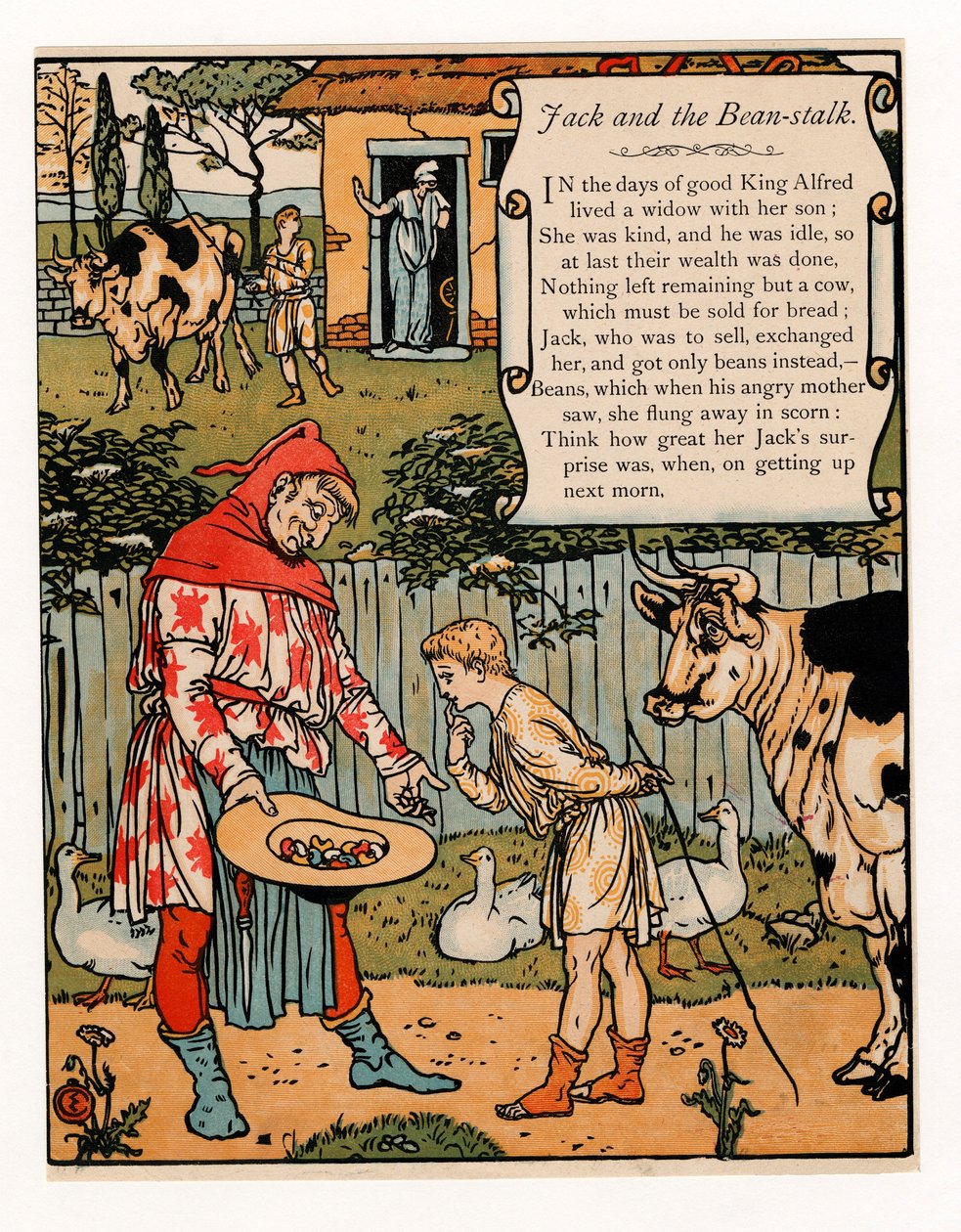 Jack selger kua for bønner, fra The Blue Beard Picture Book, pub. 1879 fargelitografi, 1879. av Walter Crane