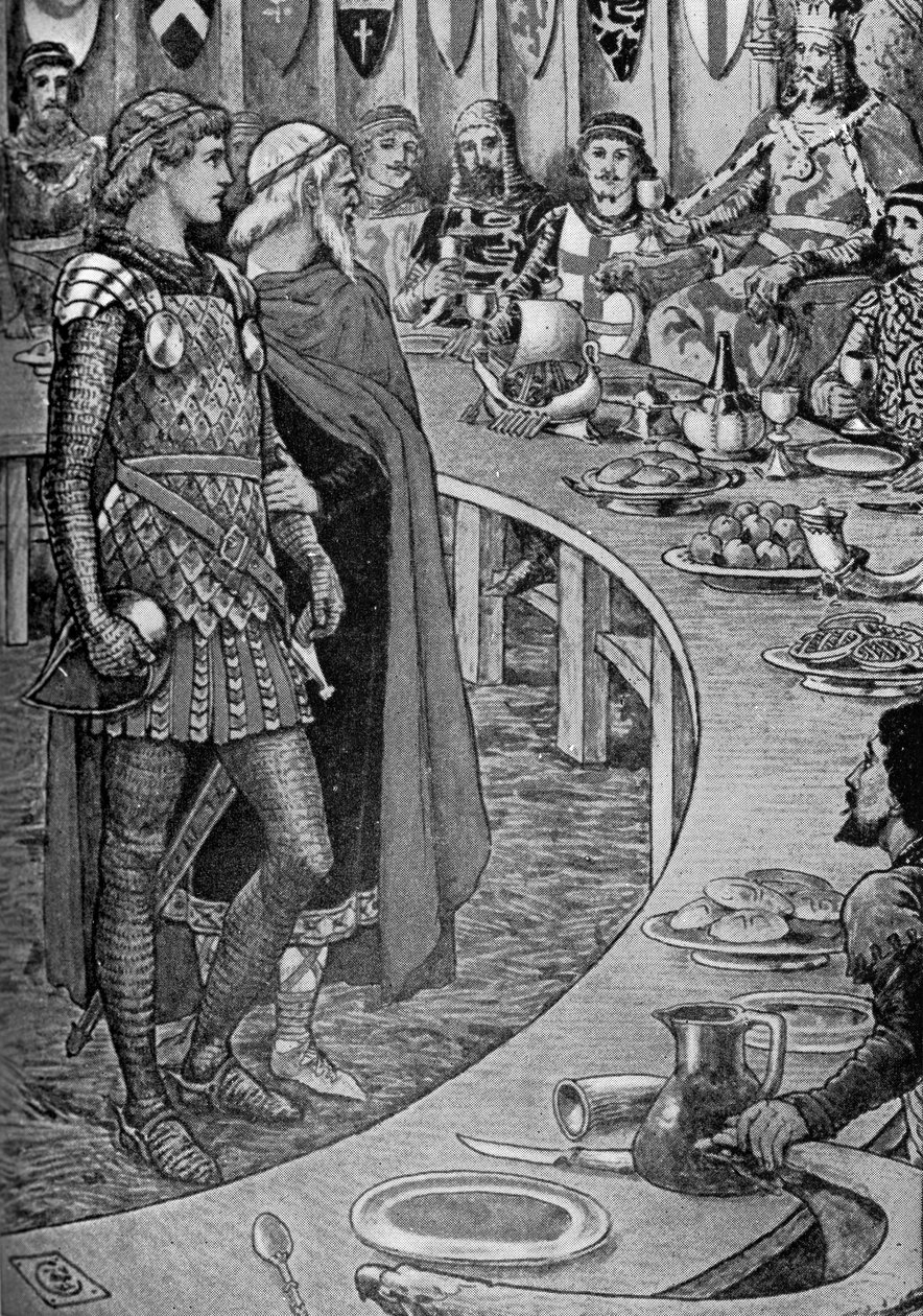 Kong Arthur- En gammel mann presenterer Sir Galahad. av Walter Crane
