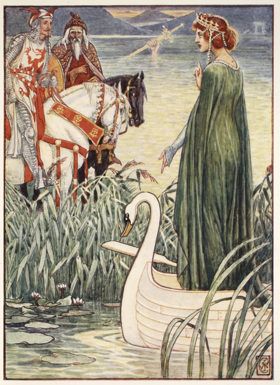 Kong Arthur ber Lady of the Lake om sverdet Excalibur, fra 