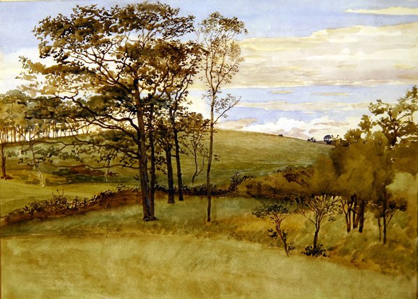 Sensommerlandskap (akvarell på papir) av Walter Crane