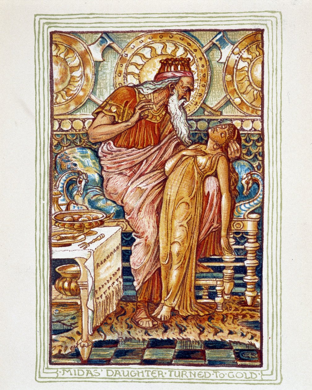 Midas gjør datteren om til gull - i "En vidunderbok for jenter og gutter" av Walter Crane