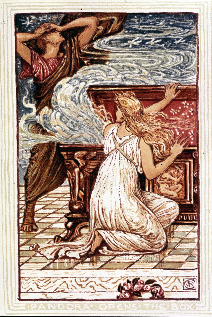 Pandora åpner esken. Illustrasjon av Walter Crane for "Wonder book for girls and boys", London 1893. av Walter Crane