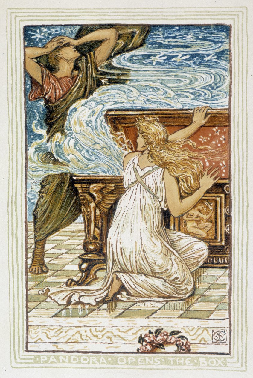 Pandora åpner esken - i "" En vidunderbok for jenter og gutter: hagtorn", av Walter Crane. 1895 av Walter Crane