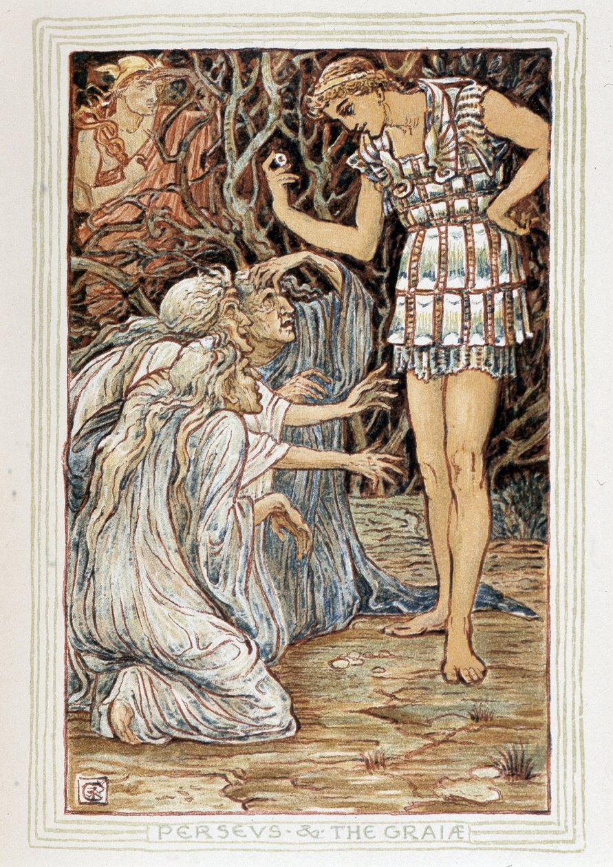 Persee and the Graia (Beotie, Hellas) - Han møter tre gamle kvinner (hekser?) - i "" En vidunderbok for jenter og gutter"" av Walter Crane (1845-1915) av Walter Crane