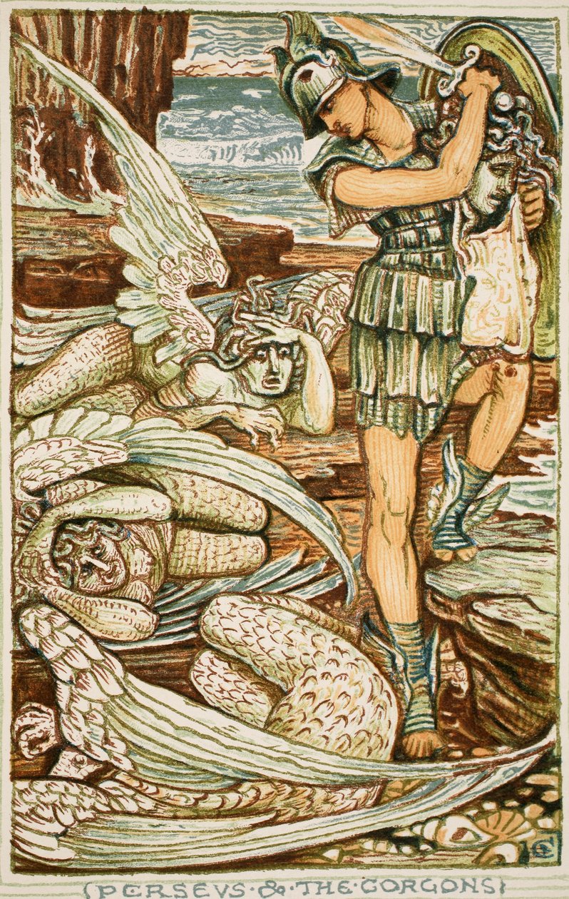 Perseus and the Gorgons, illustrasjon fra 'A Wonder-Book for Girls and Boys' av Nathanial Hawthorne av Walter Crane