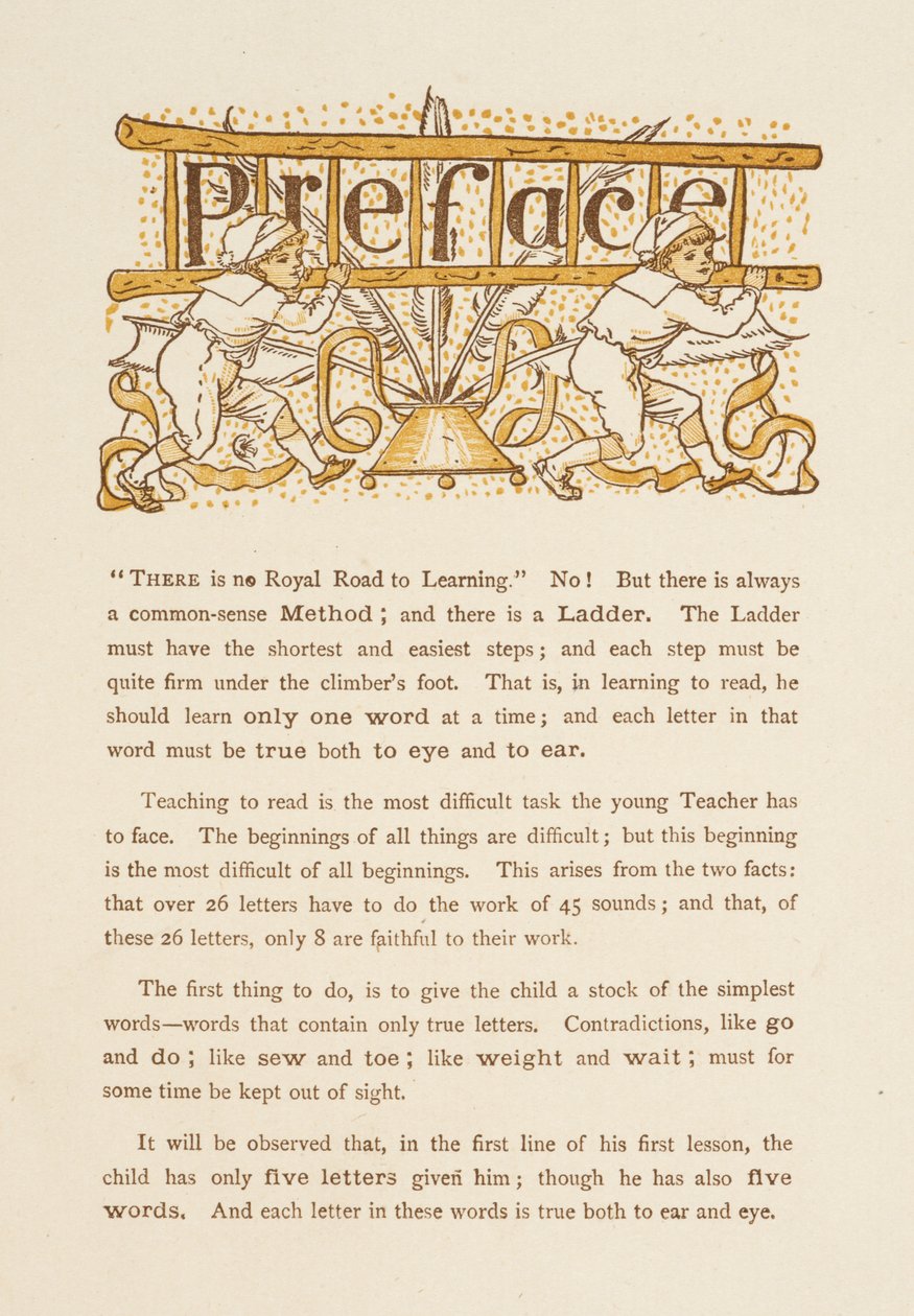 Forord til The Golden Primer. To barn bærer en stige. av Walter Crane