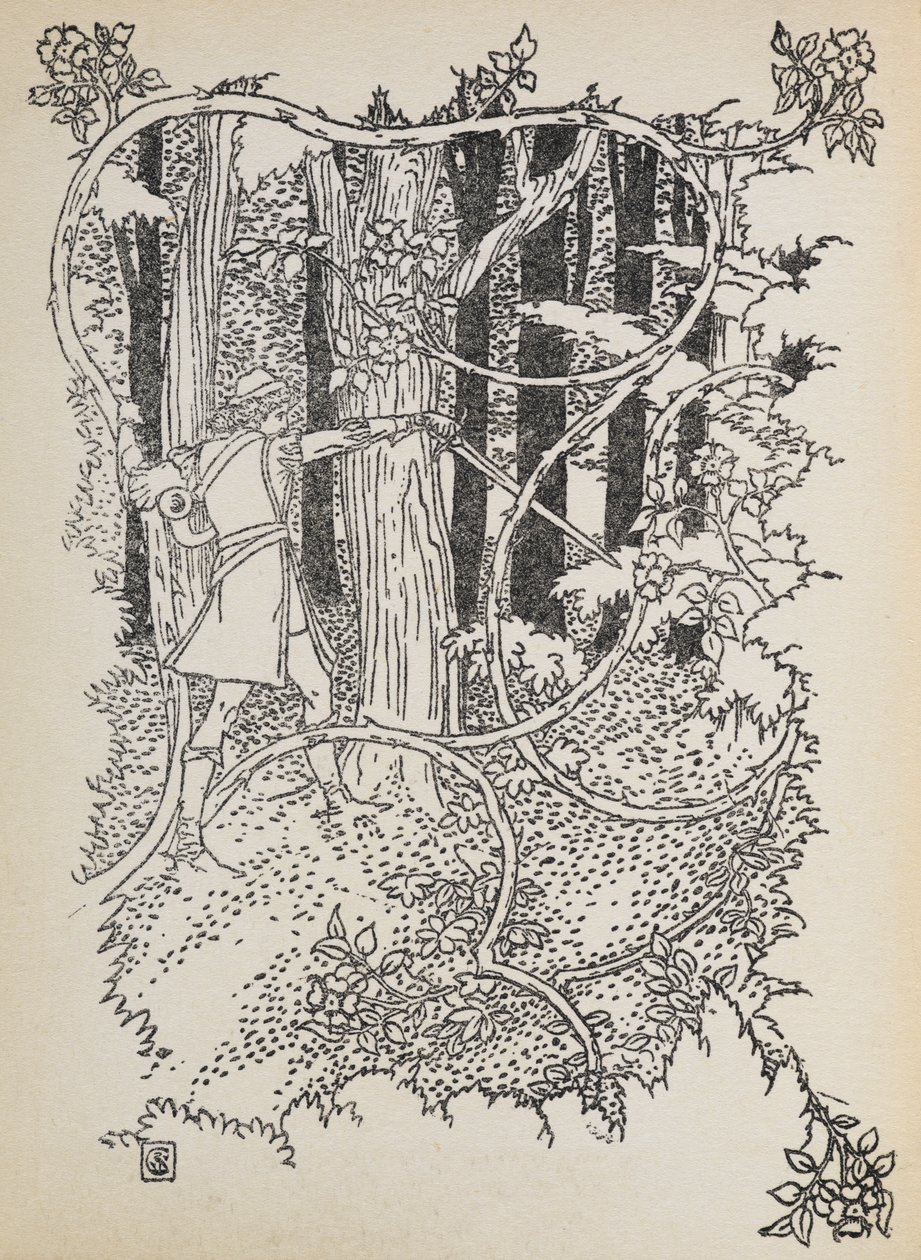 Prince Charming skjærer seg gjennom den gjengrodde skogen til Tornerose. av Walter Crane