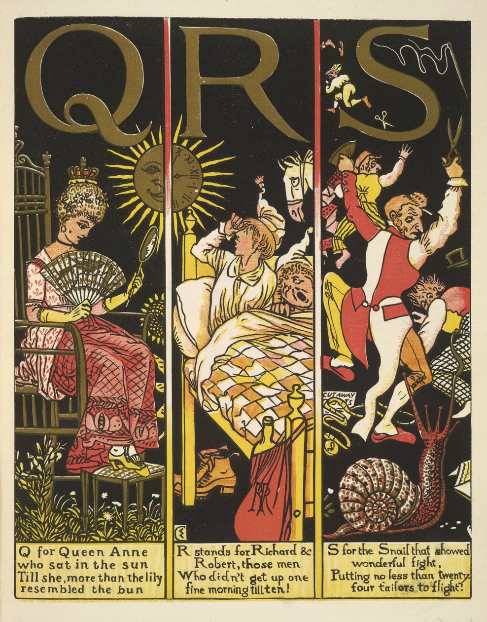 QRS- Q for Queen Anne; R står for Richard & Robert; og S for sneglen av Walter Crane