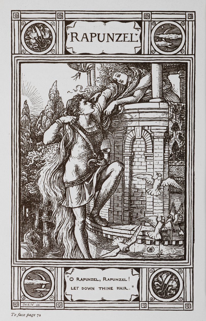 Rapunzel lener seg ut av vinduet til et tårn mens en prins klatrer opp i håret hennes. av Walter Crane