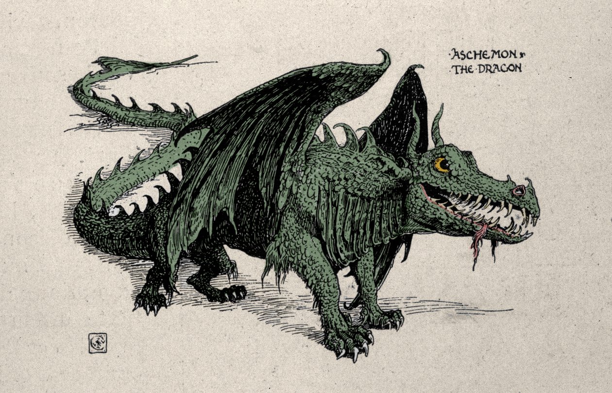 Representasjon av den mytologiske dragen Ashchemon Drawing av Walter Crane fra 1899. av Walter Crane