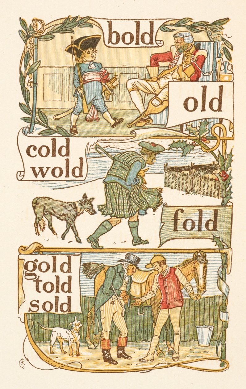 Rimende ord som slutter på bokstaven D. En gutt kledd som en soldat. En skotte. En jockey. Den gylne grunningen. av Walter Crane