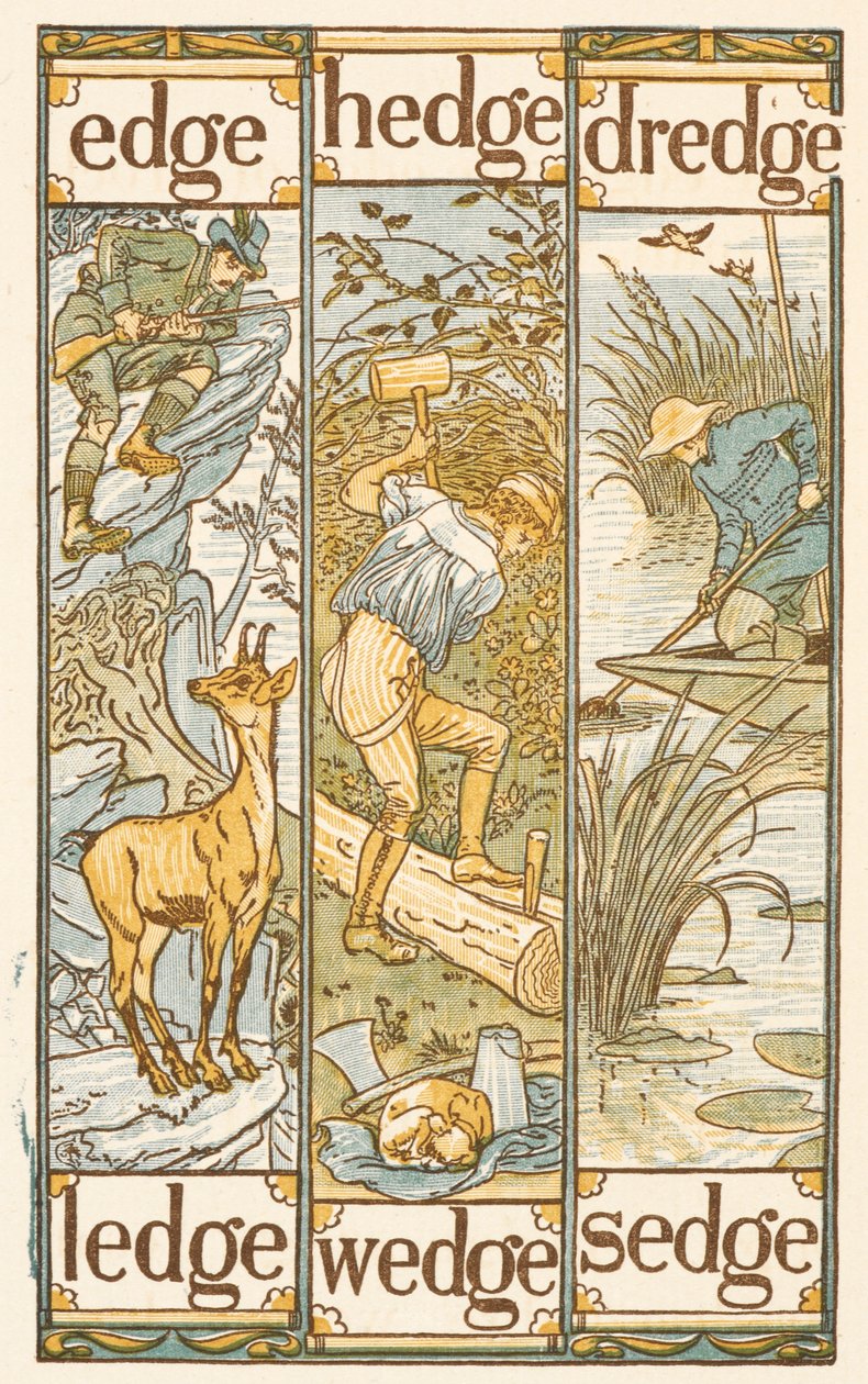 Rimende ord som slutter på bokstaven E. The Golden primer. av Walter Crane