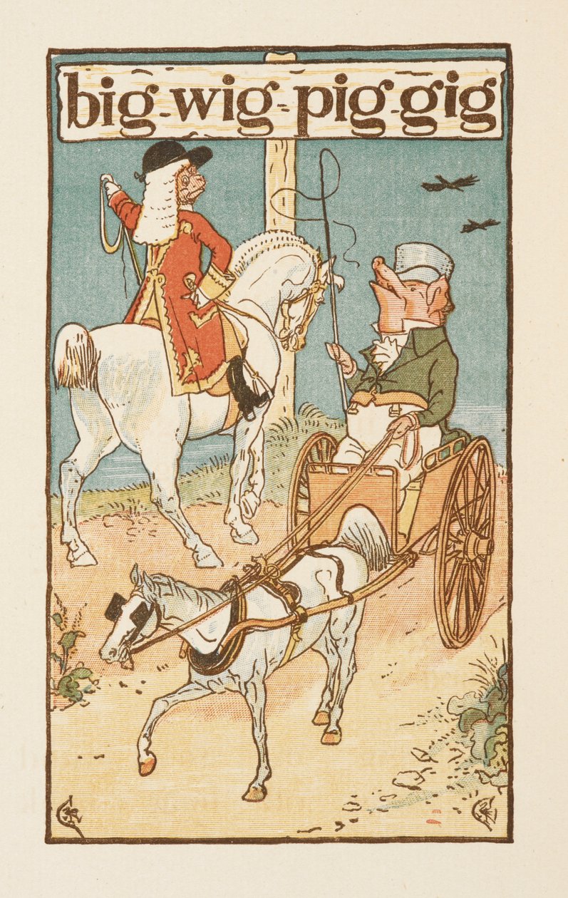 Rimende ord som slutter på bokstaven G. En illustrasjon som viser en gris som rir på en hest, og en annen kjører en vogn. Den gylne grunningen. av Walter Crane