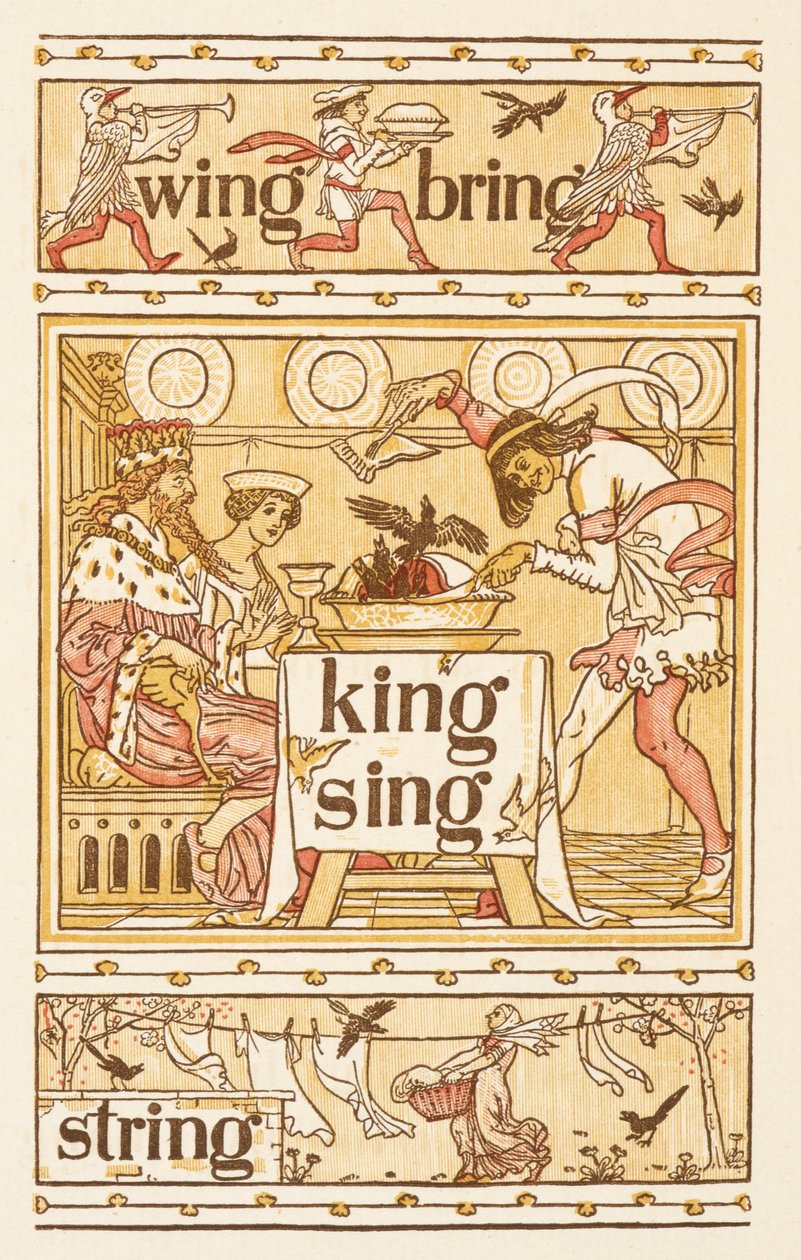 Rimeord som slutter på bokstaven G. Blackbirds in a pie. En vaskesnor. Den gylne grunningen. av Walter Crane