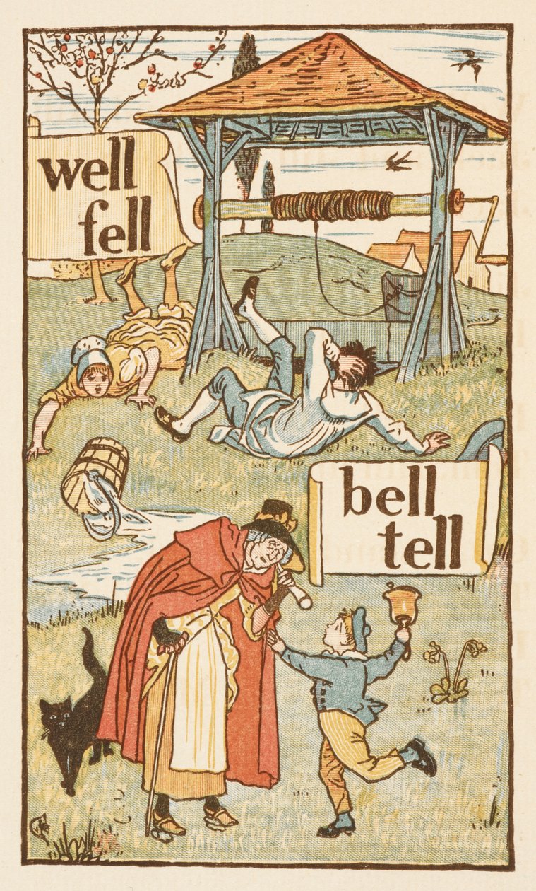 Rimeord som slutter på bokstaven L. En gutt med en bjelle. En gammel kvinne og katten hennes. Den gylne grunningen. av Walter Crane