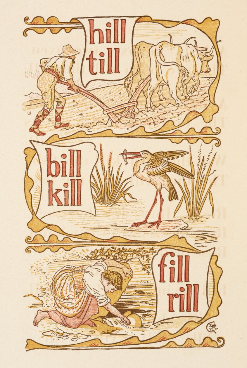 Rimeord som slutter på bokstaven L. Pløying. En stork. Den gylne grunningen. av Walter Crane