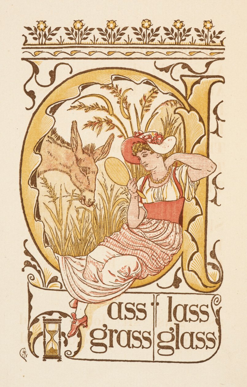 Rimende ord som slutter på bokstaven S. En kvinne som holder et ansiktsspeil. Den gylne grunningen. av Walter Crane