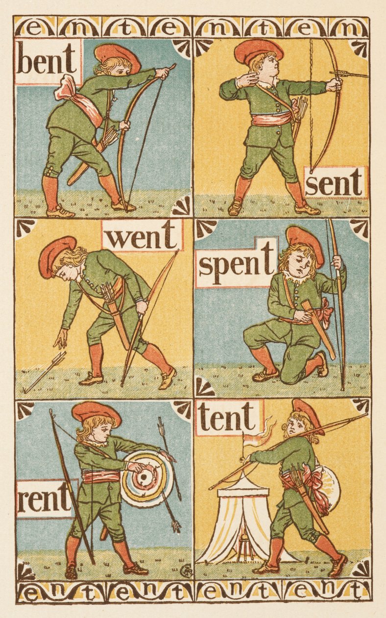 Rimeord som slutter på bokstaven T. En gutt med pil og bue. Den gylne grunningen. av Walter Crane