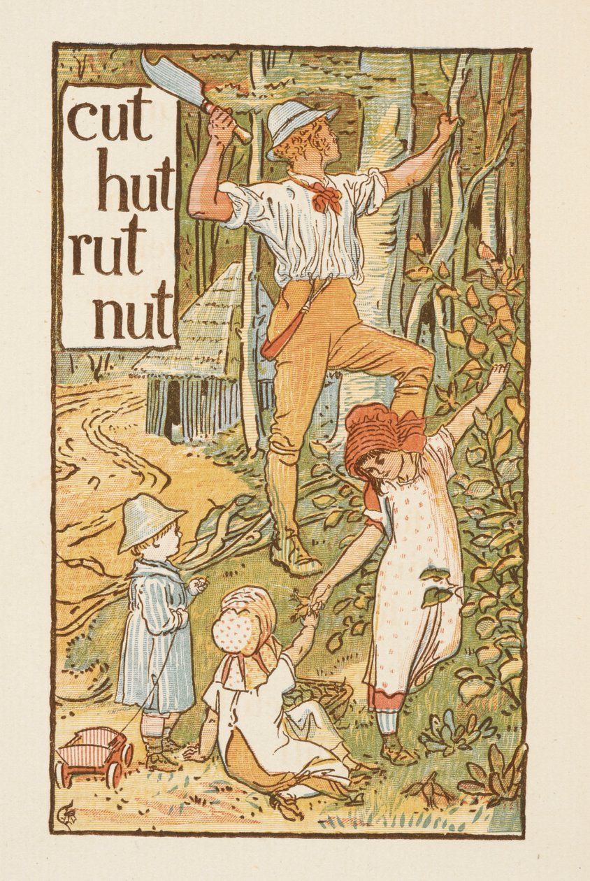 Rimende ord som slutter på bokstaven T. En illustrasjon som viser en mann som hogger et tre. Tre barn er med ham. Den gylne grunningen. av Walter Crane