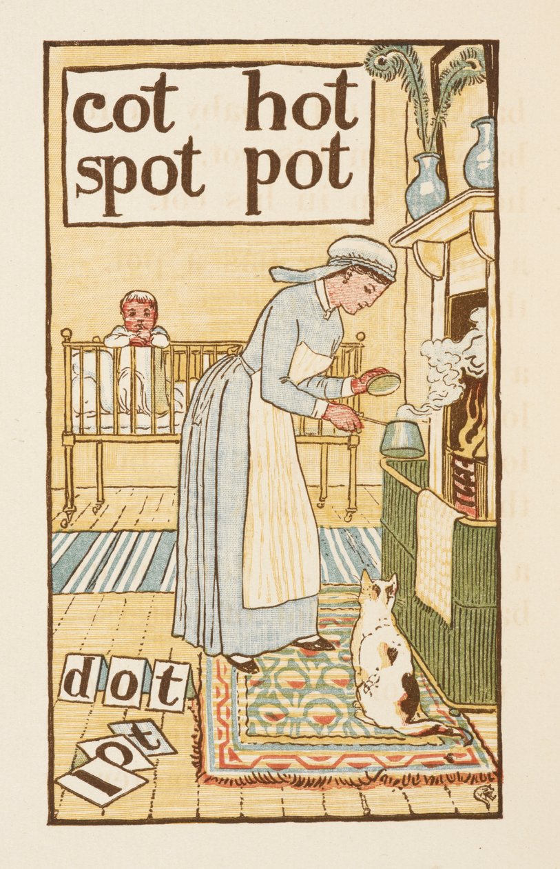 Rimende ord som slutter på bokstaven T. En illustrasjon som viser en sykepleier som koker en kjele til et sykt barn. Den gylne grunningen. av Walter Crane
