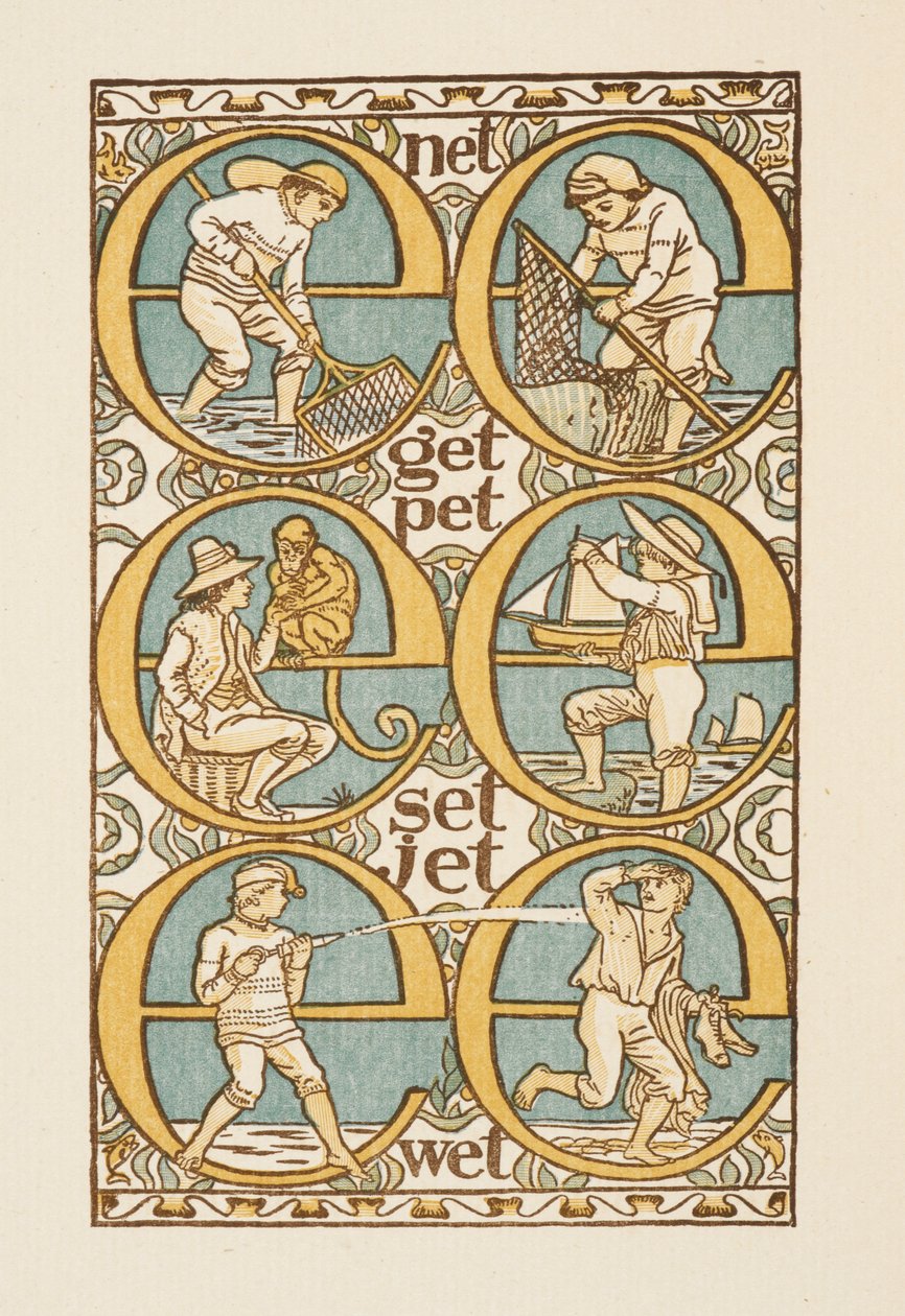 Rimeord som illustrerer bruken av bokstaven E. The Golden primer. av Walter Crane