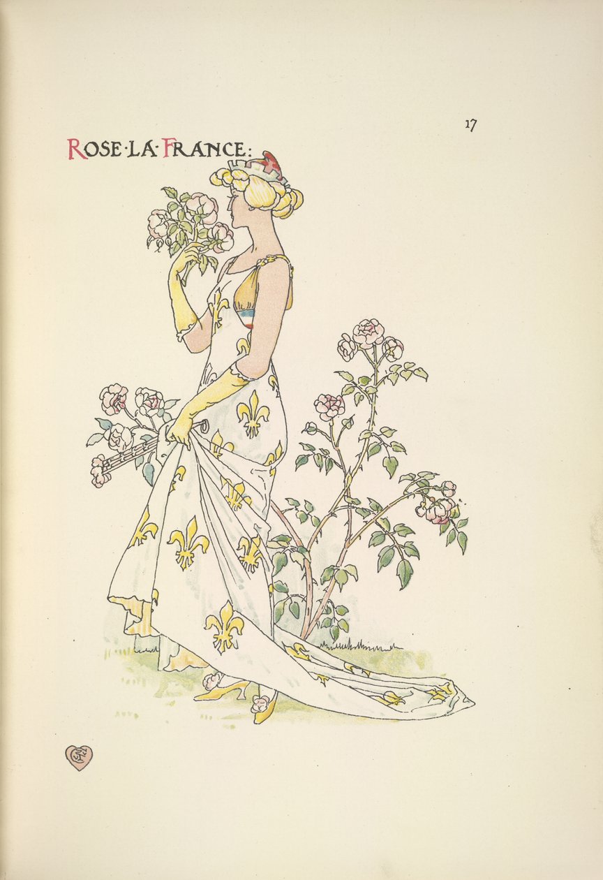 Rose La France. En ung kvinne som lukter en bukett blomster av Walter Crane