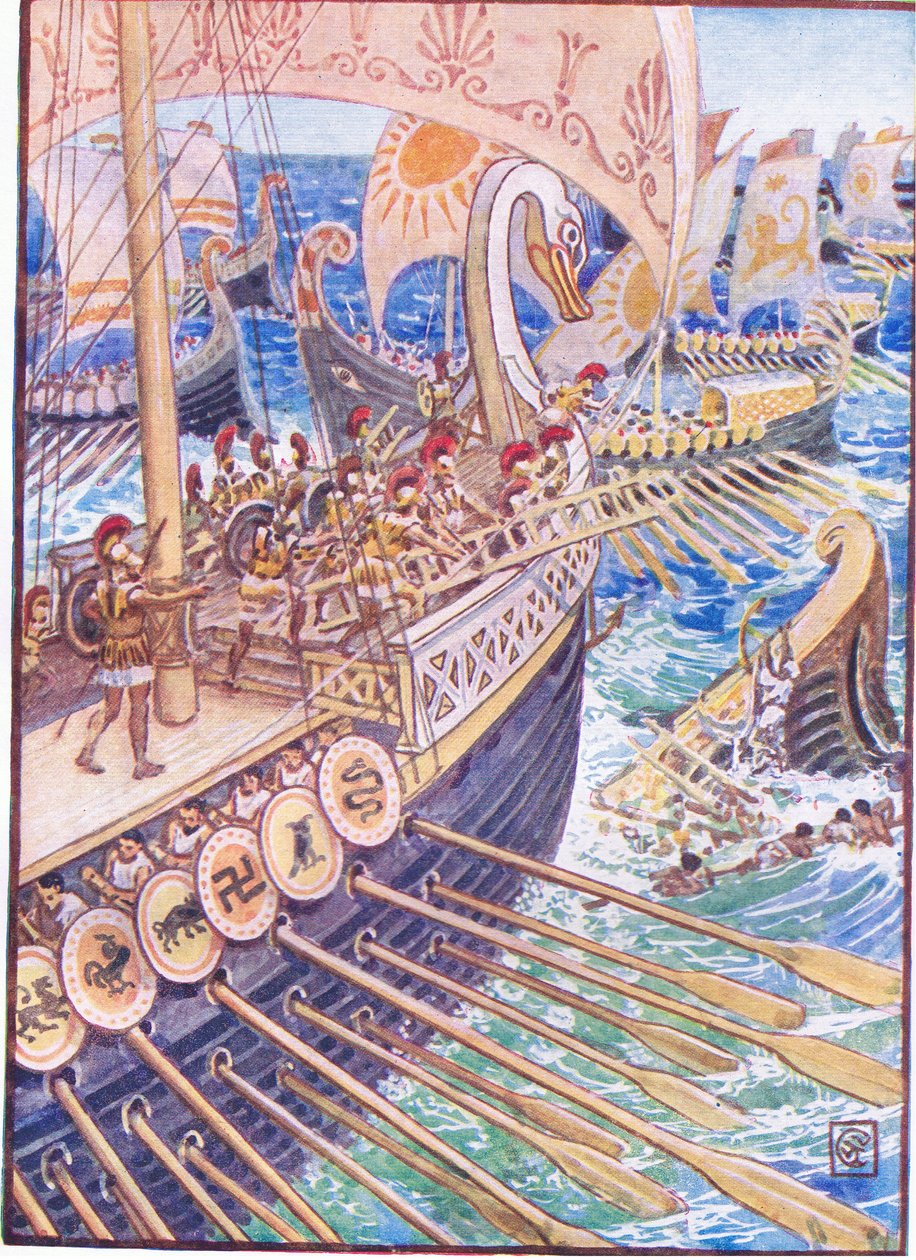 Skipet styrtet mot skipet, til de persiske døde strøk dypt som blomster, illustrasjon fra The Story of Greece, 1930-tallet av Walter Crane