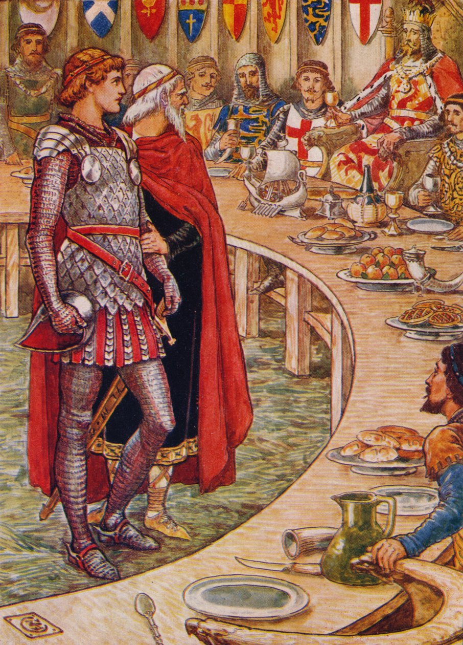 Sir Galahad blir brakt til domstolen til kong Arthur, 1911. av Walter Crane