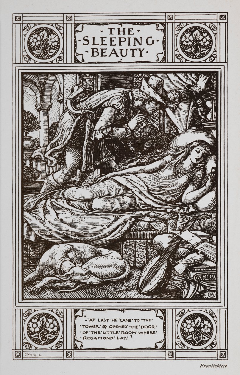 Tornerose ligger og sover omgitt av en sovende hund og et musikkinstrument mens Prince Charming passer på henne. av Walter Crane