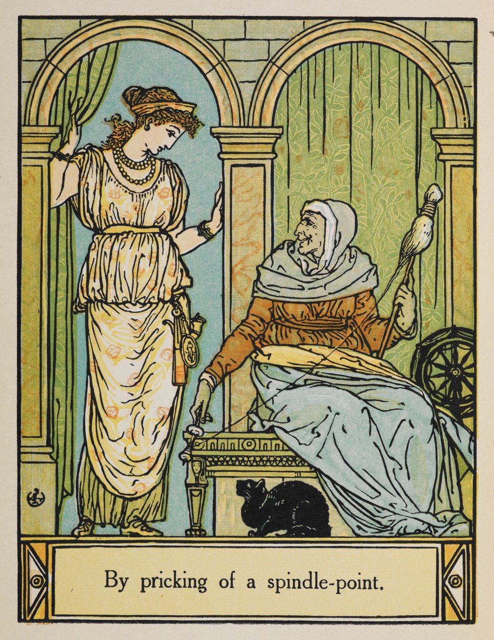 Tornerose står ved siden av en gammel kvinne med spinnehjul og tråd. En svart katt sitter under. av Walter Crane