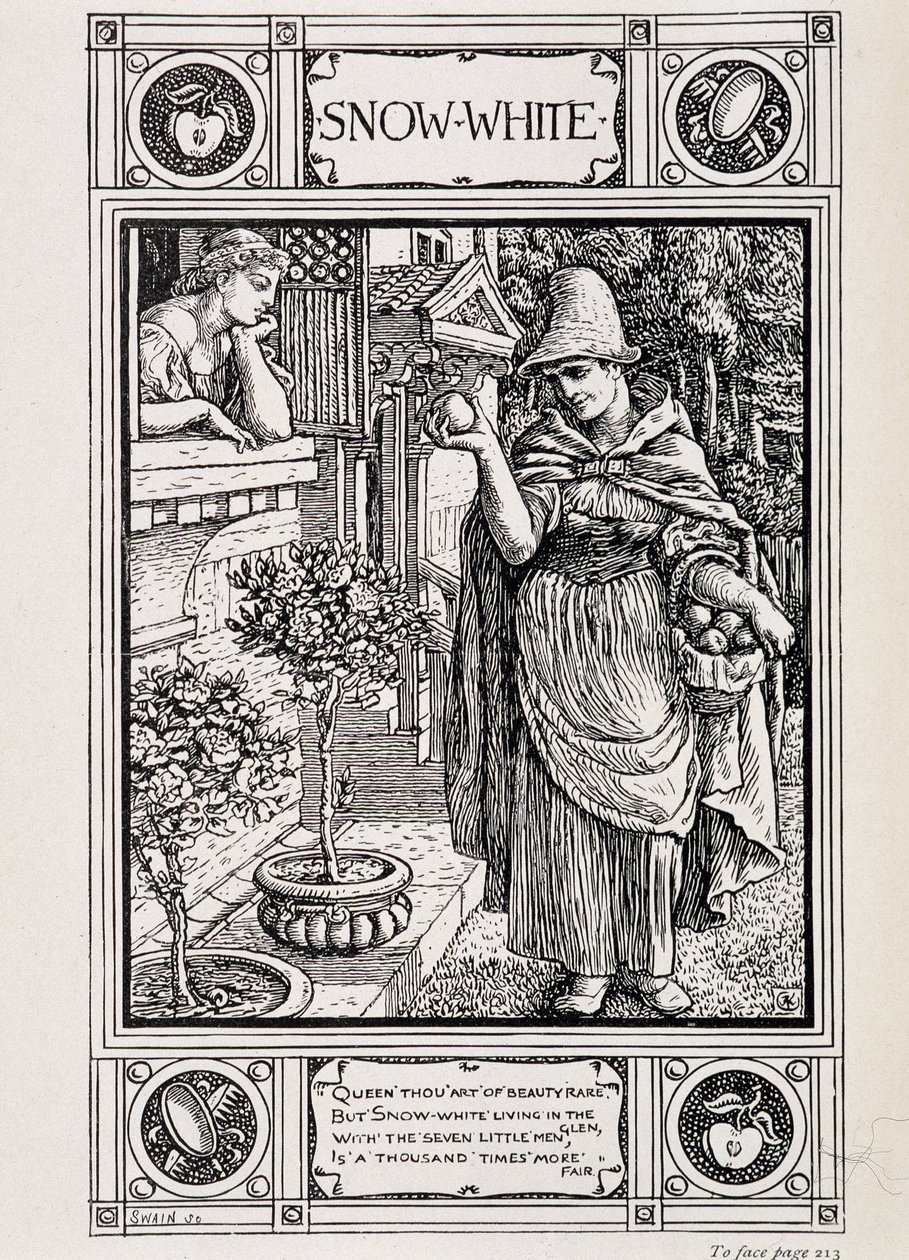 Snøhvit og heksen som passer eplet hennes - i "" Husholdningshistorier fra samlingen til Bros Grimm", oversatt fra tysk av Lucy Crane, London mac millan & Co ltd av Walter Crane
