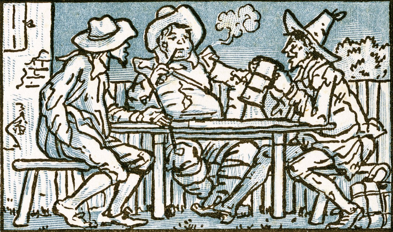 The Happy Poor, sangillustrasjon for 'Who Liveth So Merry in all this Land', fra 'Pan-Pipes', A Book of Old Songs, Nyarrangert og med akkompagnement av Theo. Marzials, utgitt i London av G av Walter Crane
