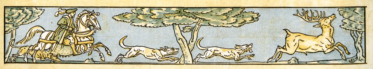 «Jakten er oppe og det er godt nær dag og Harry vår konge er borte på jakt», sangillustrasjon fra «Pan-Pipes», A Book of Old Songs, Nyarrangert og med akkompagnement av Theo. Marzials, publiser av Walter Crane