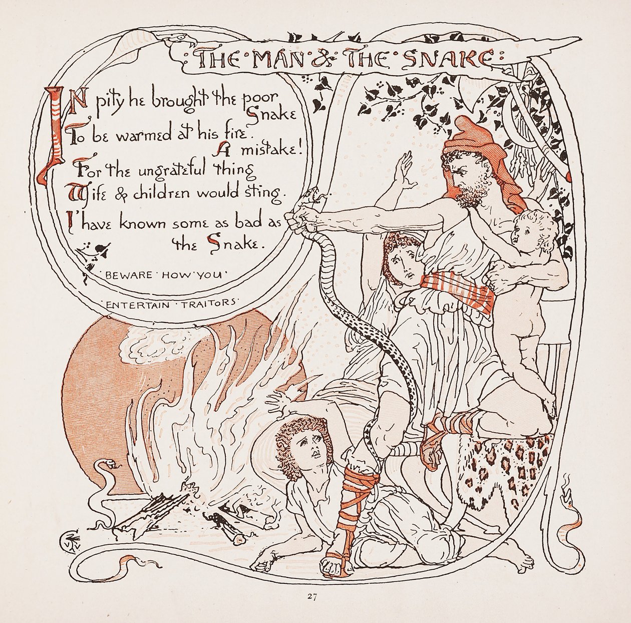 The Man & The Snake, illustrasjon fra Aesops Fables, pub. 1887 av Walter Crane