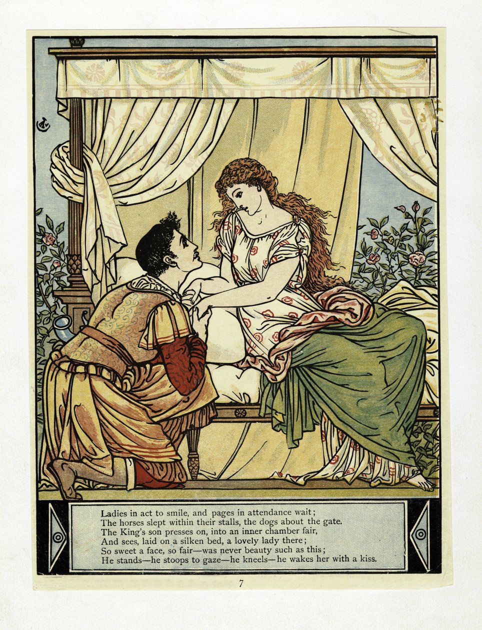 Prinsen vekker skjønnheten, fra The Blue Beard Picture Book, pub. 1879 (farge litho) av Walter Crane